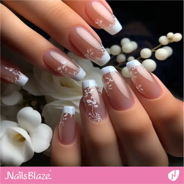 Wedding Nails White Leaves Design | French Manicure - NB3606